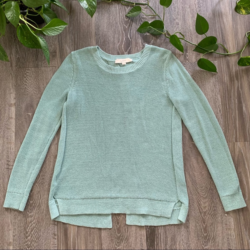 Ann Taylor LOFT sweater, open flap back, light aqua colour, size XS